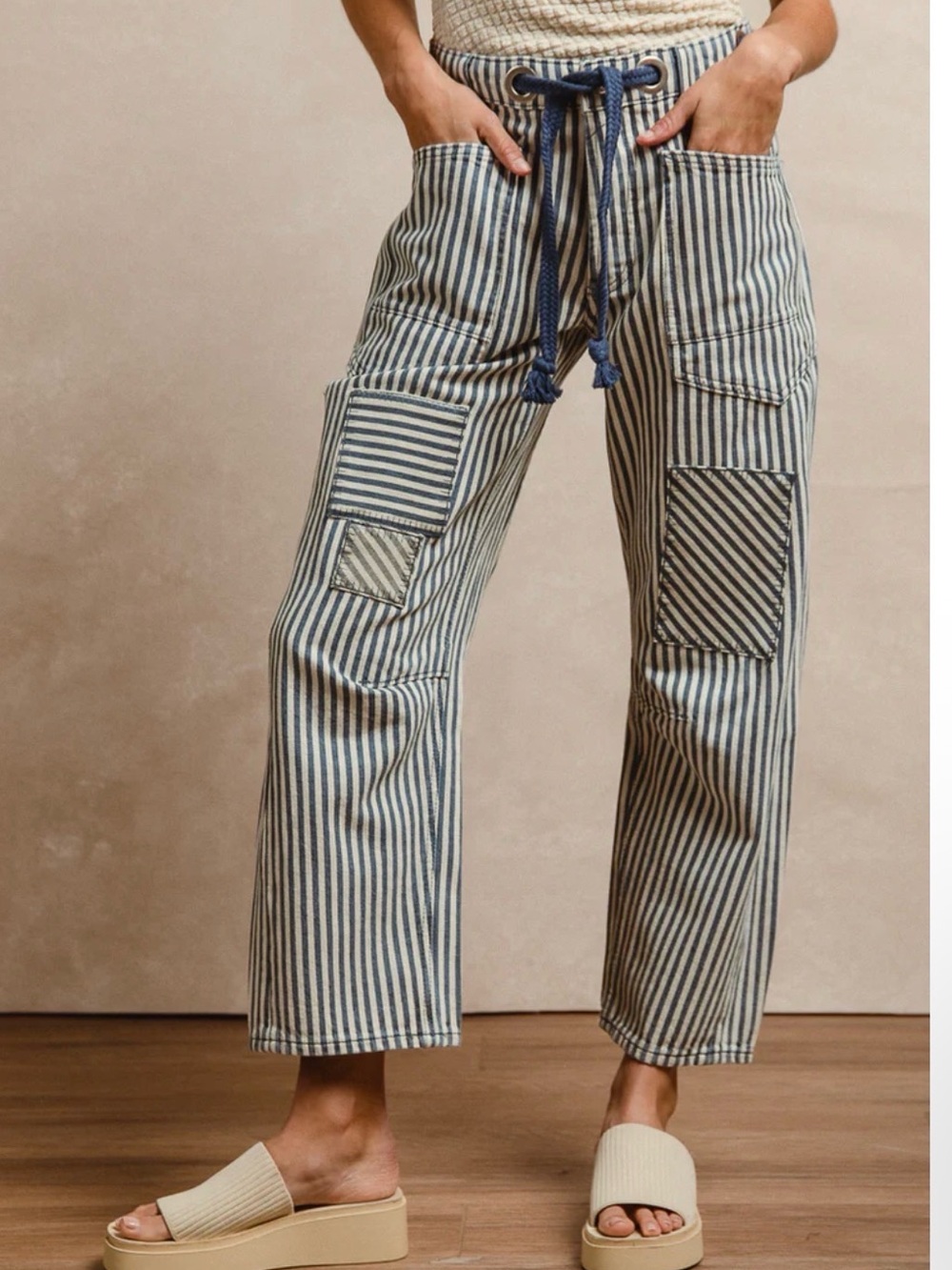 Bibi Striped Patchwork Drawstring jeans in Navy and Cream